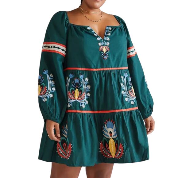 Let Me Be Anthropologie Empire Waist Mini Dress Green Embroidered Boho 3X NEW - Picture 1 of 11